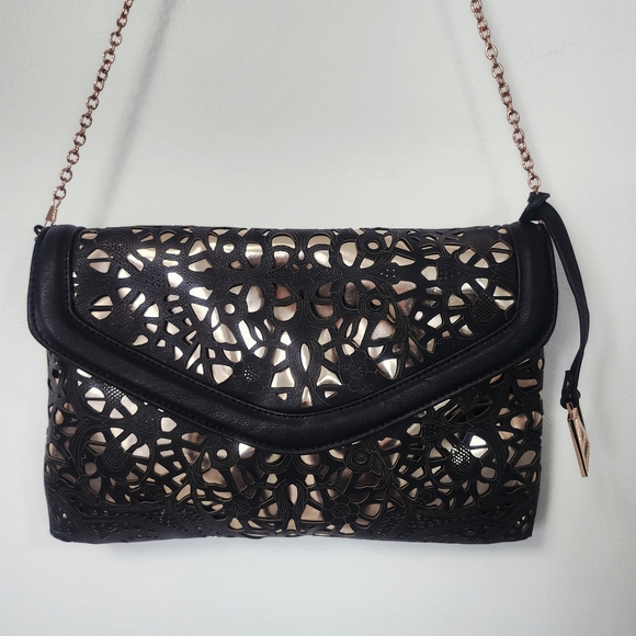 Attitude Envelope Clutch Black & Rose Gold Chain Strap - Picture 15 of 16